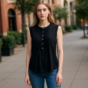 LOFT Black Sleeveless Pleated Bib Collar Blouse XS
